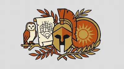 A stylized graphic featuring an owl, a scroll with a map, a crested helmet, and a sun shield framed by olive branches.