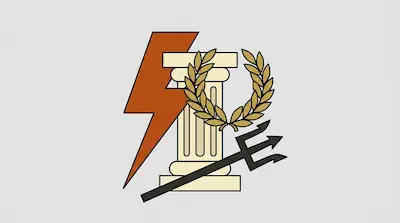 A brown lightning bolt, a cream-colored classical column, a gold laurel wreath, and a black trident are grouped together.