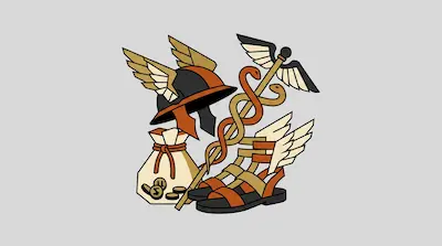A winged helmet, a staff with two snakes and wings, a pair of winged sandals, and a bag of coins.