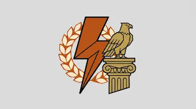 An orange lightning bolt centered in front of a laurel wreath, with a gold eagle perched on a classical column to the right.