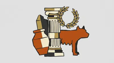 A stylized graphic of a fluted column, an amphora, an obelisk, a laurel wreath, and a wolf silhouette.