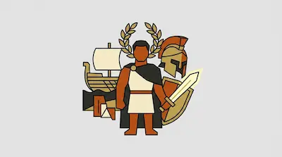 A stylized figure in ancient dress wearing a laurel wreath, surrounded by a ship, a helmet, a shield, and a sword.