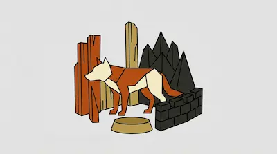 A geometric orange and cream fox stands amidst abstract pillars, dark mountains, a small stone wall, and a bowl.