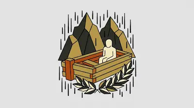 A faceless figure sits in a wooden boat with angular mountains in the background and a leafy wreath in the foreground.