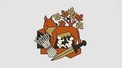 A stylized wolf nurses two infants, surrounded by a bundle of wheat, a sword, and a fig tree.