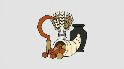 A sickle, a bundle of wheat, a dark vase, and a cornucopia spilling out small cubes and spheres.