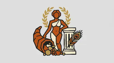 A stylized female figure stands between a cornucopia of fruit and a classical column, framed by a laurel wreath and a peacock feather.