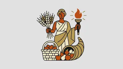 A woman in a robe holds a bundle of wheat and a lit torch, with a basket and cornucopia of fruit at her feet.