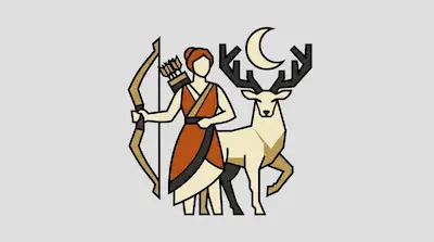 A woman holding a bow stands next to a deer with a crescent moon between its antlers.