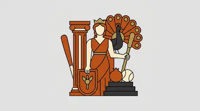 A figure wearing a crown and long dress stands between a classical column and a peacock with its tail feathers fanned out. The figure holds a shield and a staff, with a pomegranate and a ball nearby.