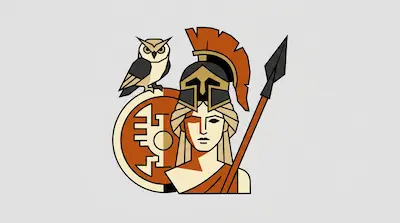 A woman wearing a crested helmet holds a spear next to a round shield with an owl perched on top.