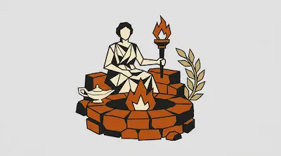 A person in a robe sits behind a circular stone fire pit holding a torch, flanked by an oil lamp and a leafy branch.