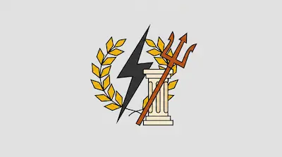 A dark lightning bolt, an orange trident, and a beige column framed by a golden laurel wreath.