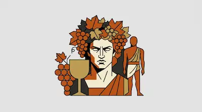 Flat illustration of a man with a grape leaf crown, a wine goblet, and a small human figure on a gray background