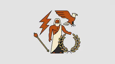 A minimalist illustration of a bearded man in a robe surrounded by a lightning bolt, an eagle, a scepter, and a laurel wreath.