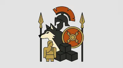 Stylized icons of a Spartan helmet, a wolf head, a round shield, two spears, a human figure, and three dark cubes.