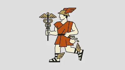 A stylized man wearing a winged helmet and sandals, holding a winged staff and a bag of coins.