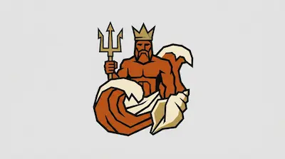 A stylized graphic of a crowned man holding a trident, emerging from ocean waves with a conch shell.