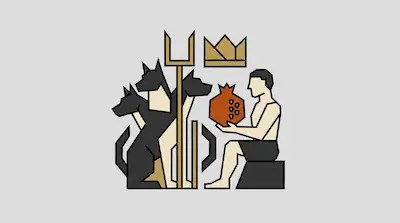 Flat illustration of a man holding a pomegranate next to a three headed dog and a bident on a grey background