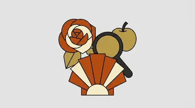 A rose, an apple, a magnifying glass, and a seashell in a stylized graphic with a warm color palette.