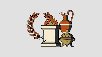 A laurel wreath, a stone altar with a fire, a ceramic jug, and a small lidded vessel with legs.