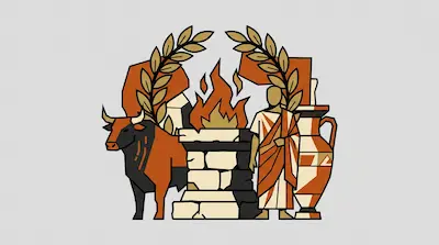 A bull, a stone altar with a fire, a person in a toga, and an amphora are framed by laurel branches in a stylized graphic.