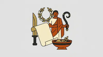 A man in a toga holds a curved staff, surrounded by a laurel wreath, a large knife, a scroll, and a bowl.
