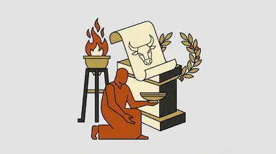 A kneeling figure in a robe holds a bowl before a pedestal topped with a scroll featuring a bull's head, flanked by a flaming tripod and a laurel wreath.