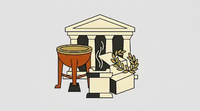 A Greek temple facade with a tripod cauldron, stone ruins, and a laurel wreath.
