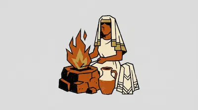 A person in a white robe and head covering sits by a fire in a stone hearth next to a clay jug and a folded cloth.
