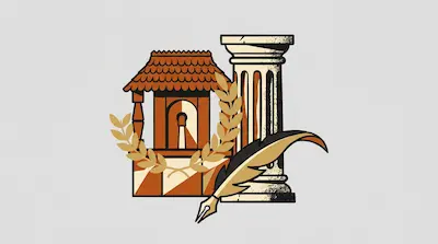 Flat illustration of a classical column, a small wooden building, a laurel wreath, and a quill pen on a gray background
