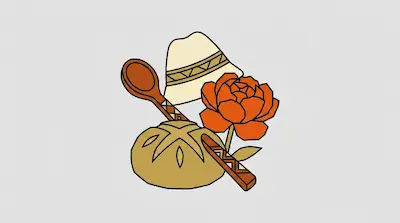 Flat illustration of a loaf of bread, a wooden spoon, a white hat, and an orange flower on a light gray background