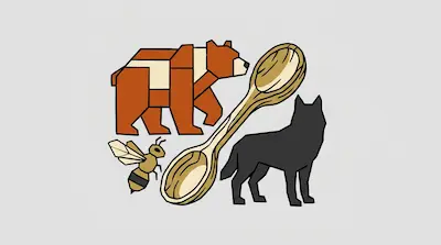 Flat illustration of a geometric brown bear, a black wolf silhouette, a bee, and a wooden spoon on a gray background