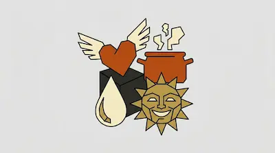 Flat illustration of a winged heart, a smiling sun face, and a steaming pot in a geometric, minimalist style.