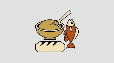 Flat illustration of a bowl of soup with a spoon, a whole cooked fish, and a loaf of bread on a light gray background
