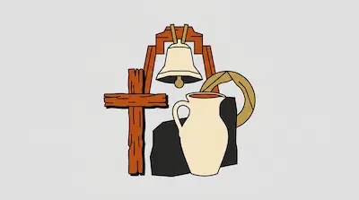 Flat illustration of a wooden cross, a church bell, and a ceramic pitcher on a light gray background