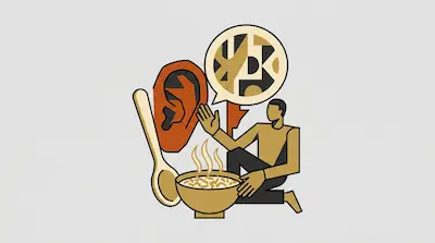 Flat illustration of a man kneeling by a steaming bowl of soup next to a large ear and a wooden spoon on a gray background