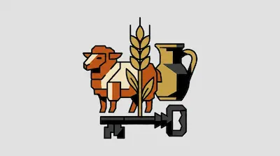 Flat illustration of a brown sheep, a stalk of wheat, a pitcher, and a black key on a light gray background