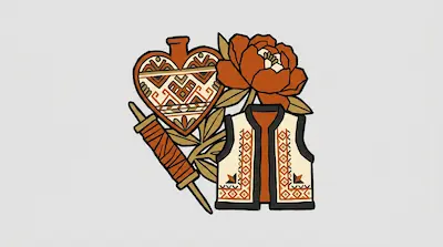 Flat illustration of a patterned heart, a traditional vest, and a large orange flower on a light gray background