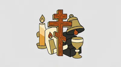 Flat illustration of an Orthodox wooden cross, a golden bell, and lit candles on a plain light gray background