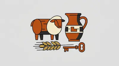 Flat illustration of a stylized sheep, a clay pitcher, a stalk of wheat, and a key on a light gray background