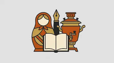 Flat illustration of a matryoshka doll, an open book, a fountain pen, and a samovar in orange and gold tones