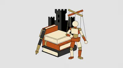 A wooden marionette stands beside a stack of books and a fountain pen, with a black castle silhouette in the background.