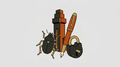 A stylized beetle, a tiered tower, a fountain pen, and a padlock arranged in a cluster.