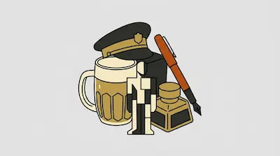 A peaked cap, a beer mug, a fountain pen, an inkwell, and a stylized human figure are grouped together.