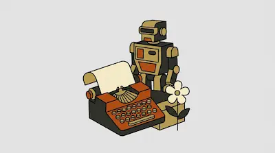 A gold and orange robot stands behind a typewriter with a sheet of paper, next to a small flower.