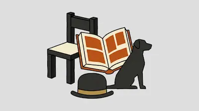 A black chair, an open book with orange panels, a black dog silhouette, and a bowler hat are grouped together.