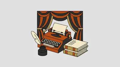 A typewriter, a stack of books, and an inkwell with a quill pen are positioned in front of orange and black theater curtains.