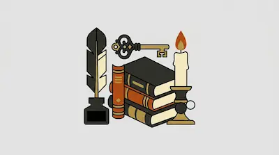 A quill in an inkwell, a stack of books, a lit candle, and an ornate key.