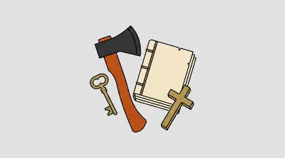 An axe, a skeleton key, a thick book, and a cross are arranged together.
